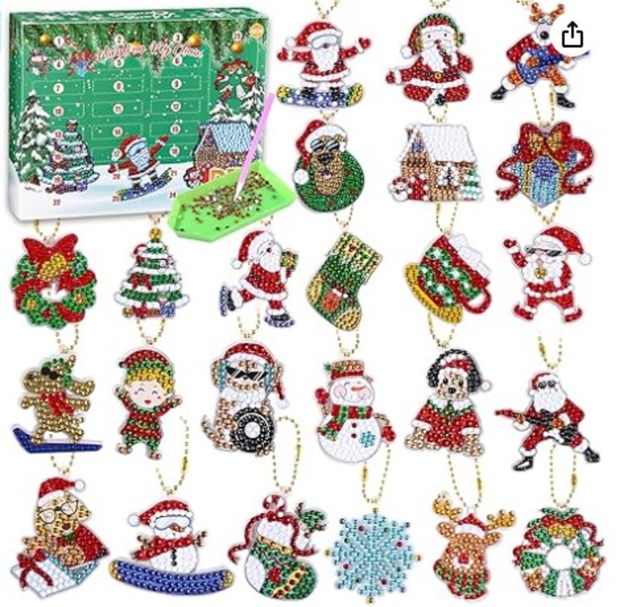 24 Days Christmas Countdown Calendar Diamond Crafts, Surprise Box Diamond Art Ornaments DIY Gift Craft Directions, Advent Calendar 2023 Christmas Diamond Painting Keychains Kits for Kids